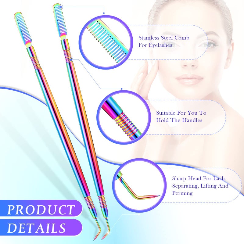 Chumia 2 Pieces 2 in 1 Lash Lift Tool Eyelash Separator Tool with Comb Stainless Steel Metal Lash Perm Lift Rods for Eyelash Eyebrow Comb Perming Tinting Curling Extension Supplies(Multi Color) - Image 2