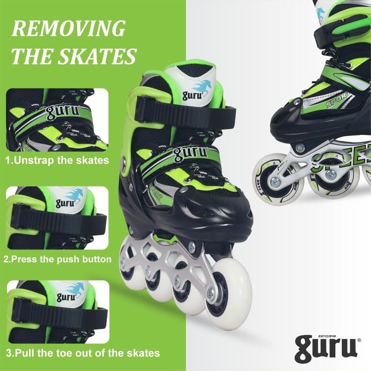 GURU Inline Skates, Inline Skates 4 Wheels 64mm for Kids & Adults Small Size in-line Skates - Size 30-33 Euro (Green) - Image 4
