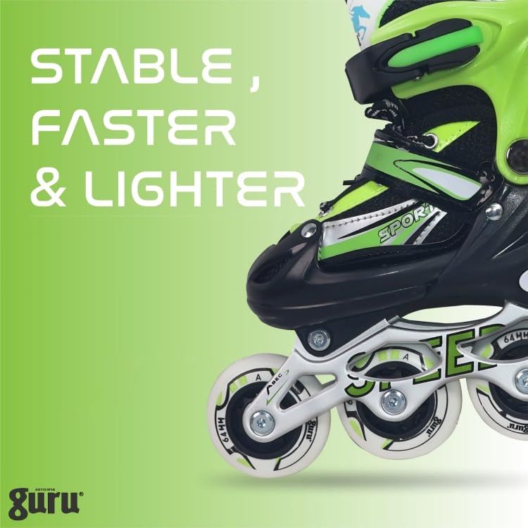 GURU Inline Skates, Inline Skates 4 Wheels 64mm for Kids & Adults Small Size in-line Skates - Size 30-33 Euro (Green) - Image 3
