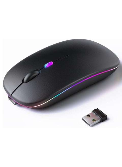 Wireless Bluetooth Mouse – Rechargeable Silent Mouse with LED Indicator – Dual Mode Bluetooth 5.2 & USB Receiver – Portable for Laptop, Desktop, Tablet – Black