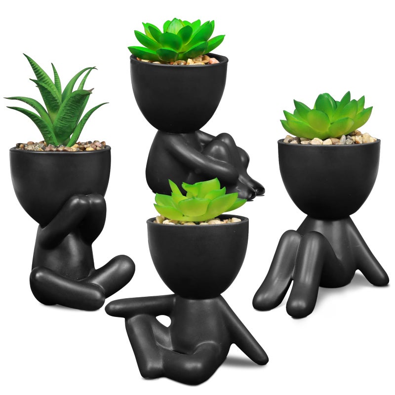 SEMSOIIO Pack of 4 Black Cute Fake Plants Artificial Succulent Plants with Creative Human Shaped PotsMini Potted Desk Plants for Office Bathroom Shelf Cubicle Home Decor Matte Black