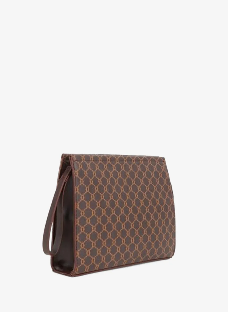 Women's Petunia-Pattern Dark Coffee Lined Synthetic Leather Wrist-Strap Portfolio Hand and Clutch Bag.