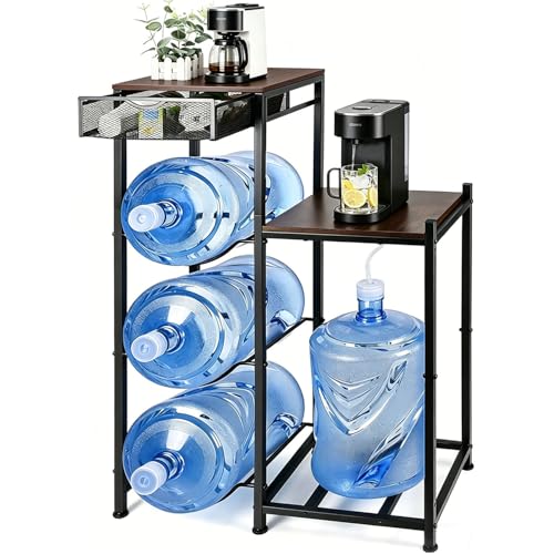 CAROD 5 Gallon Water Jug Holder, Water Storage Rack Water Dispenser Stand With Wood Tabletop Shelf, 5 Gal Water Bottle Holder Water Cooler Jug Rack with 2 Wood Storage Shelves - Image 1