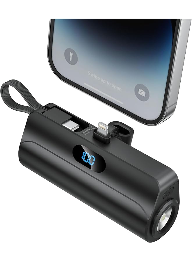 PROMASS Power Bank,5000mAh Mini Portable Chargeri, with Built in Cables and Foldable Stand & LED Displayand Light – Fast Charging, Compatible for iPhone, Samsung Galaxy, AirPods, iPad, and more (black)