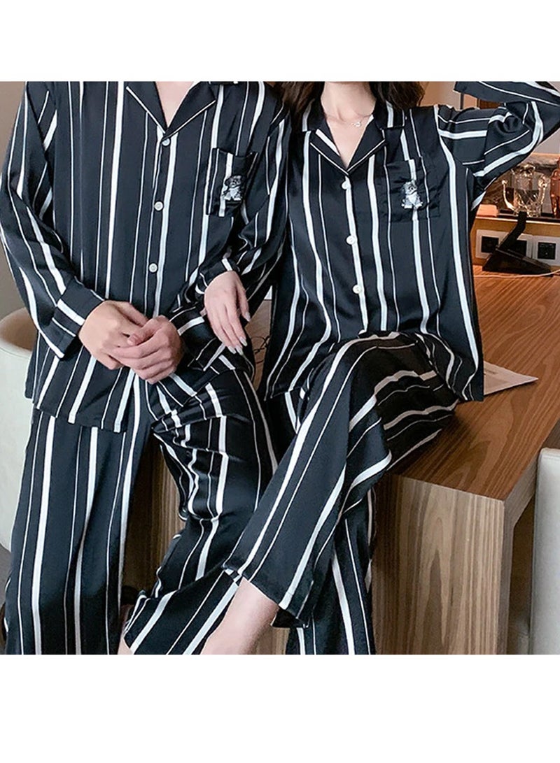 MARGOUN Couples Matching Pajamas Silk Long Sleeve Striped Sleepwear Satin Soft Button Down Loungewear Pjs Black XL and Large MG05 - Image 3