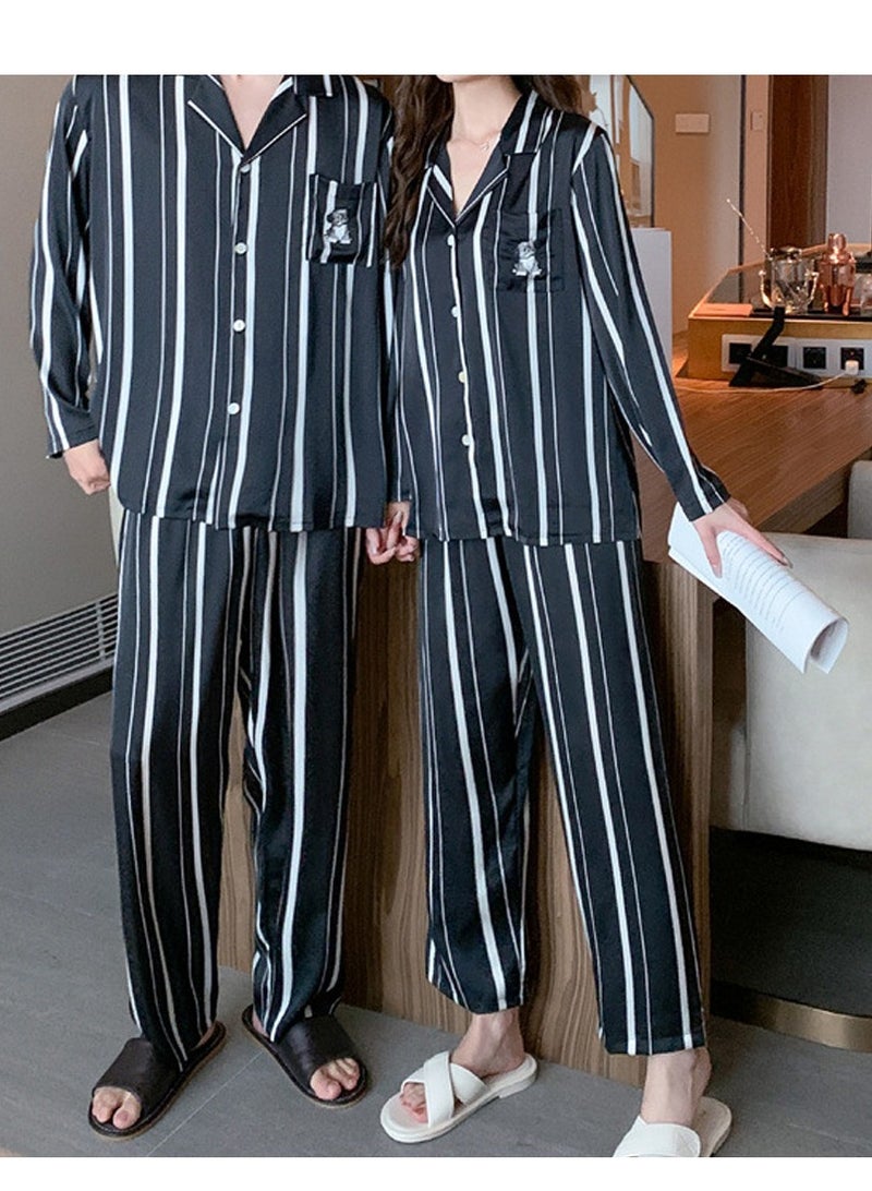 MARGOUN Couples Matching Pajamas Silk Long Sleeve Striped Sleepwear Satin Soft Button Down Loungewear Pjs Black XL and Large MG05 - Image 1