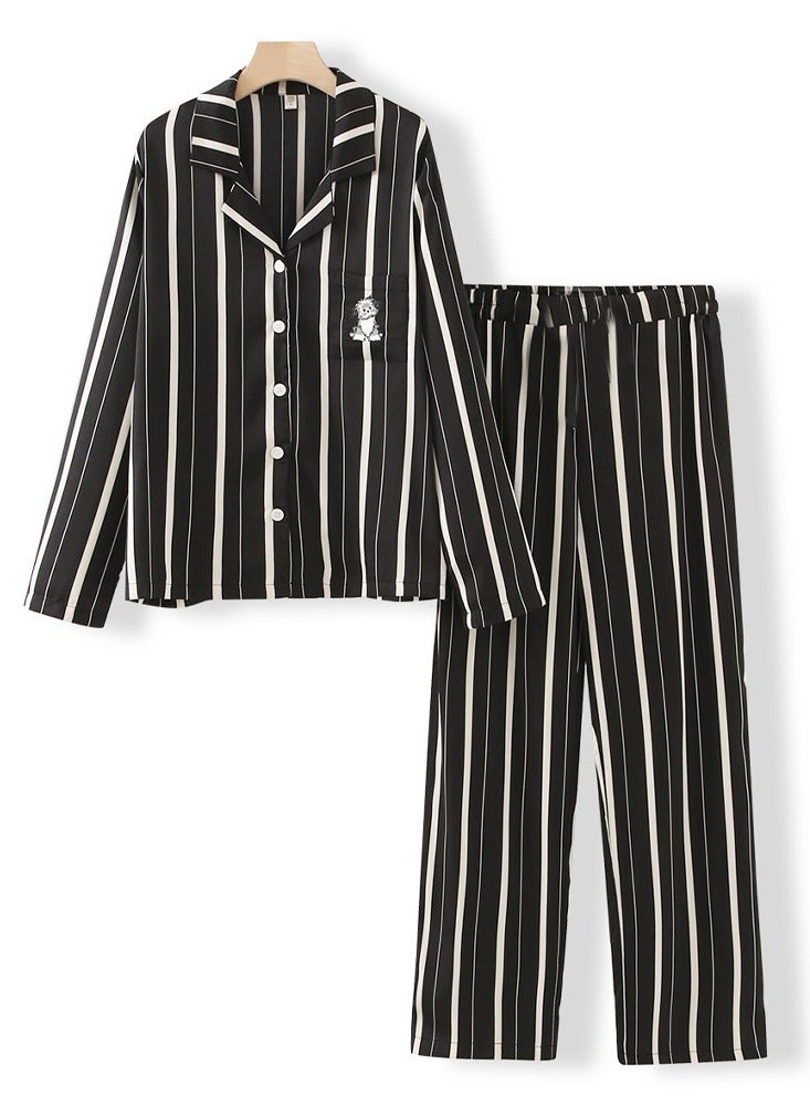 MARGOUN Couples Matching Pajamas Silk Long Sleeve Striped Sleepwear Satin Soft Button Down Loungewear Pjs Black XL and Large MG05 - Image 2