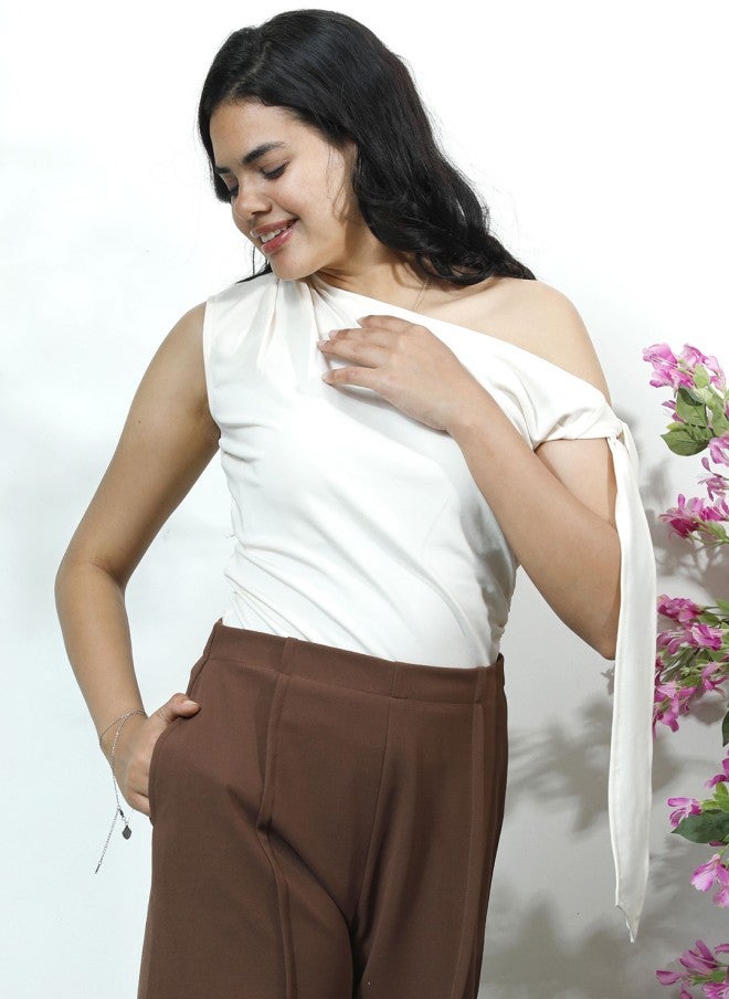 Athena Cream Off-Shoulder Fitted Top for Women - Image 3