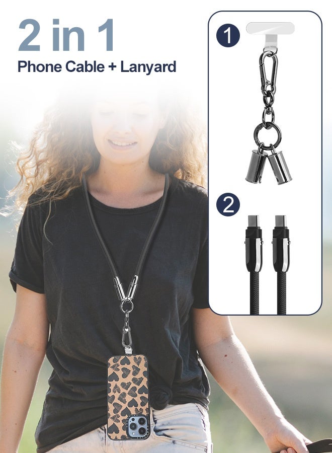 بشكل مختصر حبل هاتف 2 في 1 مزود بكابل شحن سريع مدمج من USB-C إلى USB-C، وسلك نقل بيانات نايلون عالي السرعة 60 وات، وحزام معصم متقاطع للآيفون 17 16 15، وسامسونج S25 S24 Ultra S23 FE، وموتو رازر/إيدج 2024، وبيكسل 9 برو. - Image 5