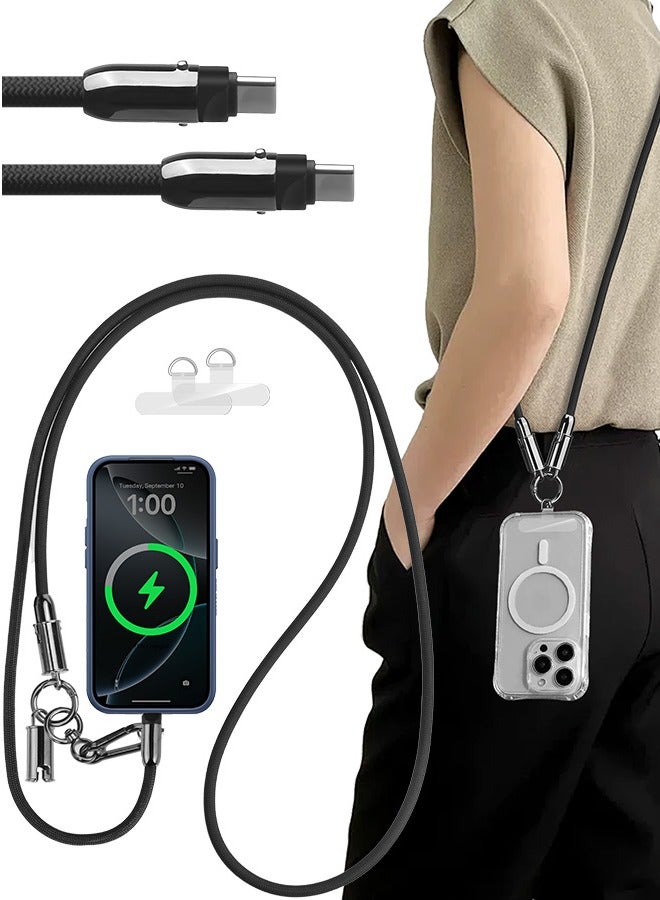 بشكل مختصر حبل هاتف 2 في 1 مزود بكابل شحن سريع مدمج من USB-C إلى USB-C، وسلك نقل بيانات نايلون عالي السرعة 60 وات، وحزام معصم متقاطع للآيفون 17 16 15، وسامسونج S25 S24 Ultra S23 FE، وموتو رازر/إيدج 2024، وبيكسل 9 برو. - Image 1