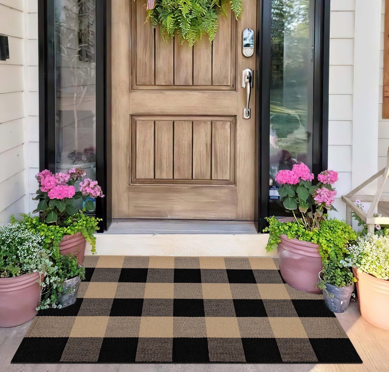BUAGETUP Checkered Front Door Mat Outdoor 24''x35''Buffalo Plaid Outdoor Rug Cotton Washable Layered Doormat for Bedroom,Bathroom,Farmhouse,Entryway,Home Entrance - Image 1