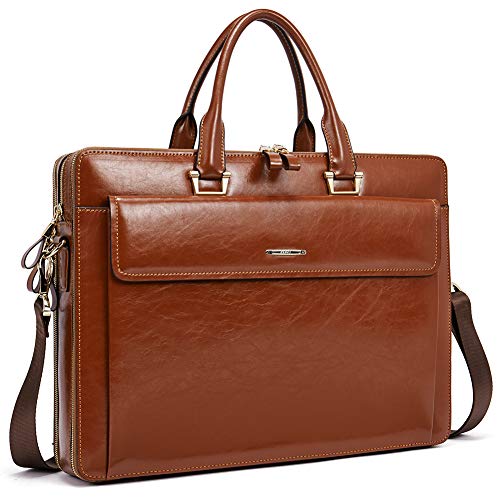 CLUCI Briefcase for Women Oil Wax Leather Business 15.6 Inch Laptop Handbag Vintage Slim Large Shoulder Work Bag Oil Wax Brown - Image 1