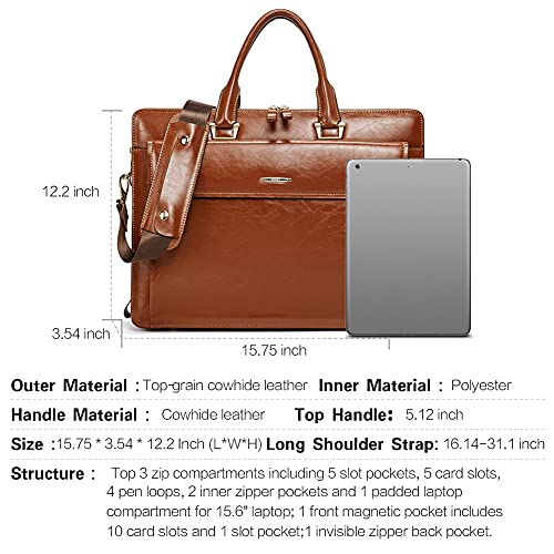 CLUCI Briefcase for Women Oil Wax Leather Business 15.6 Inch Laptop Handbag Vintage Slim Large Shoulder Work Bag Oil Wax Brown - Image 5