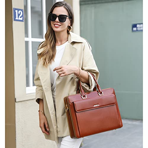 CLUCI Briefcase for Women Oil Wax Leather Business 15.6 Inch Laptop Handbag Vintage Slim Large Shoulder Work Bag Oil Wax Brown - Image 2