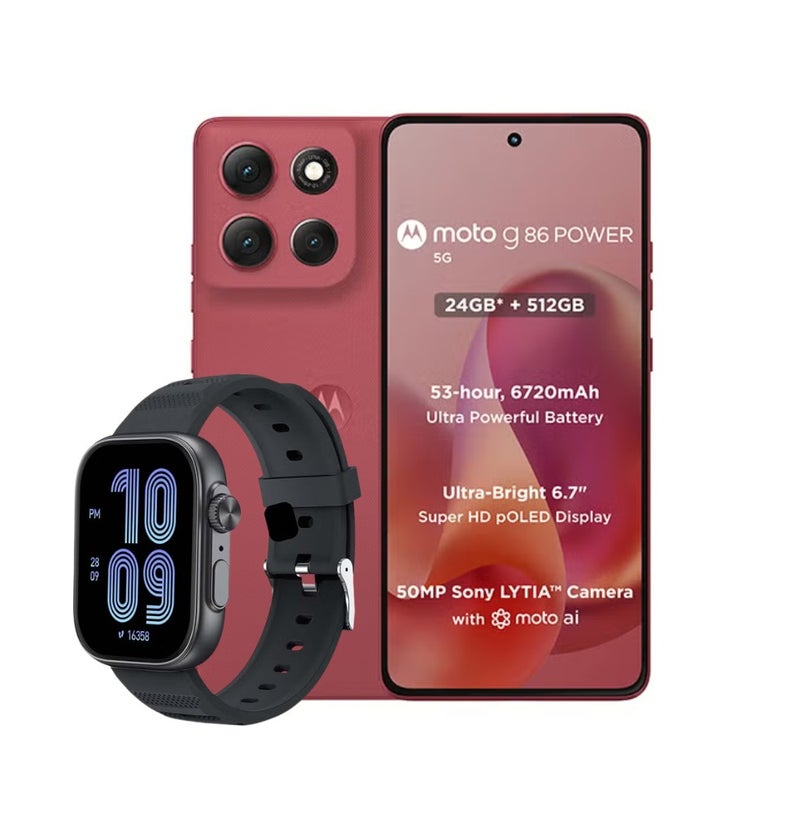 Motorola Moto G86 Power Dual SIM PANTONE Chrysanthemum 8+16GB RAM  512GB 5G - Middle East Version & itel Smart Watch O23 Dark Chrome Bundle - Image 1