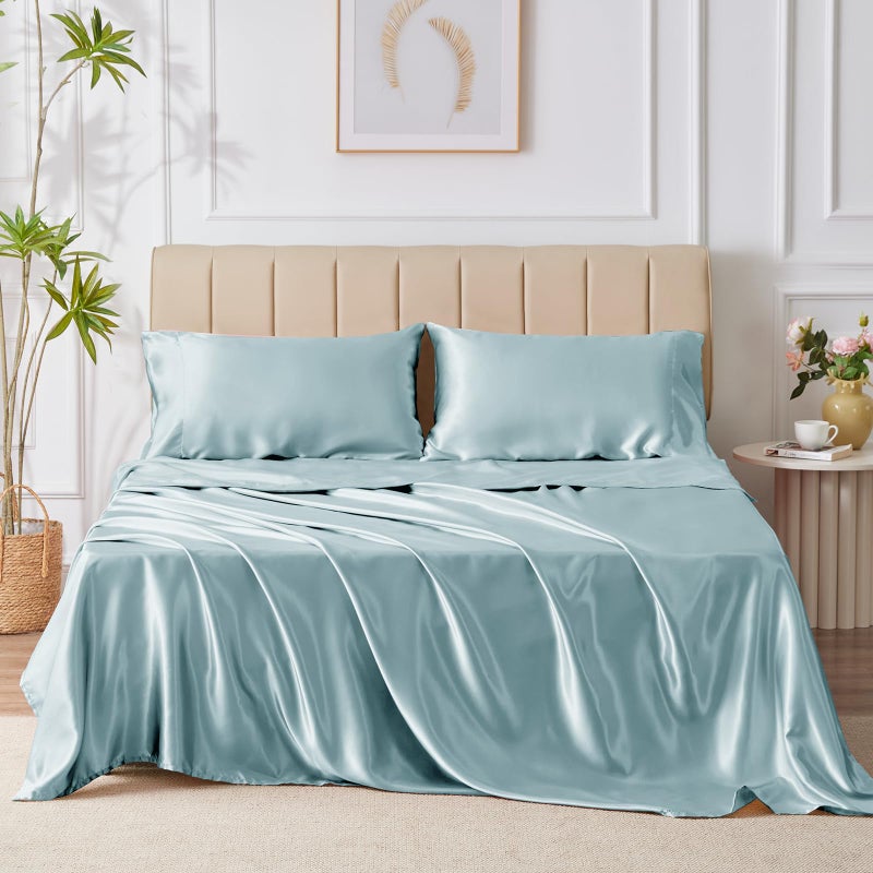 CozyLux Satin Sheets Queen Size - 4 Piece Light Blue Bed Sheet Set with Silky Microfiber  1 Deep Pocket Fitted Sheet  1 Flat Sheet  and 2 Pillowcases - Smooth and Soft - Image 2