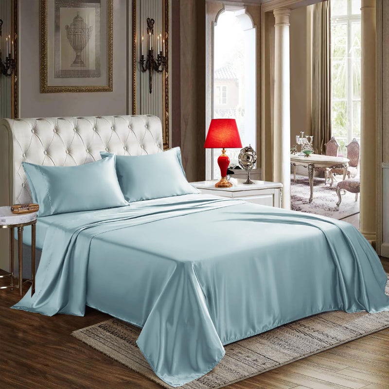 CozyLux Satin Sheets Queen Size - 4 Piece Light Blue Bed Sheet Set with Silky Microfiber  1 Deep Pocket Fitted Sheet  1 Flat Sheet  and 2 Pillowcases - Smooth and Soft - Image 1