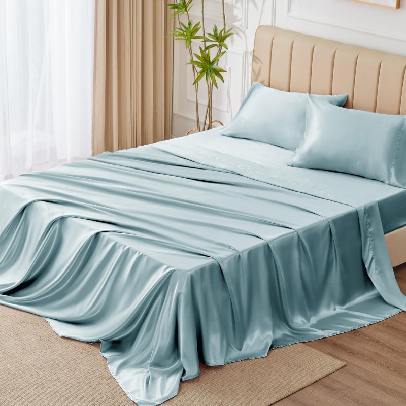 CozyLux Satin Sheets Queen Size - 4 Piece Light Blue Bed Sheet Set with Silky Microfiber  1 Deep Pocket Fitted Sheet  1 Flat Sheet  and 2 Pillowcases - Smooth and Soft - Image 5