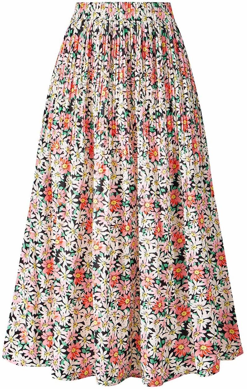 Basoteeuo Pleated Skirts for Women Chiffon Midi Length Trendy Summer High Waisted A Line Long Skirt Floral Multicolor M - Image 1