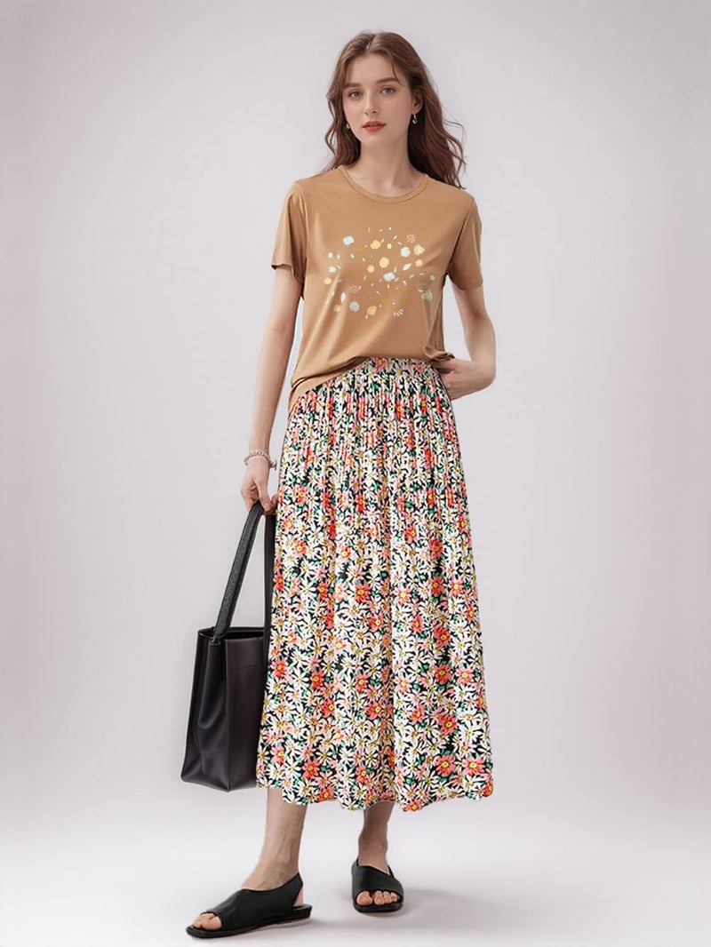 Basoteeuo Pleated Skirts for Women Chiffon Midi Length Trendy Summer High Waisted A Line Long Skirt Floral Multicolor M - Image 2