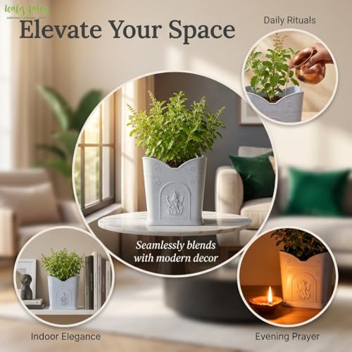 Leafy Tales 8-Inch Elegant White Sattva Tulsi Pot – Durable PPE Plastic Planter for Indoor & Outdoor Balcony – UV Resistant & Weatherproof Holy Basil Pot for Home Decor (White, 8H x 8W) - Image 4
