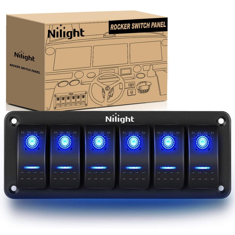 Nilight-90111F 6 Gang Aluminum Rocker Switch Panel Toggle Dash 5 Pin ON/Off Pre-Wired Rocker Switch Blue Backlit Switch for Automotive Car Marine Boat RV,2 Years Warranty - Image 1