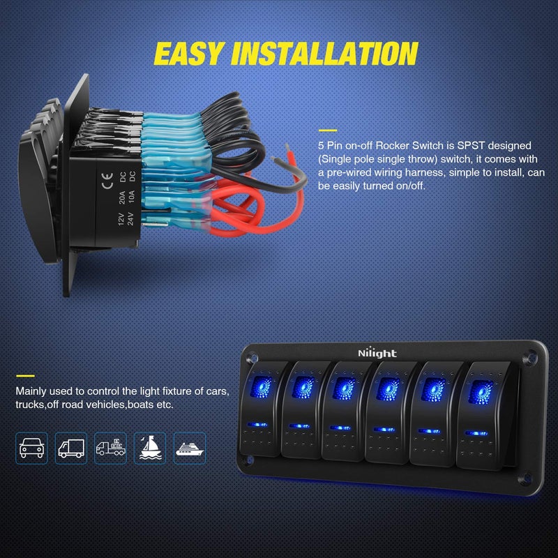 Nilight-90111F 6 Gang Aluminum Rocker Switch Panel Toggle Dash 5 Pin ON/Off Pre-Wired Rocker Switch Blue Backlit Switch for Automotive Car Marine Boat RV,2 Years Warranty - Image 3