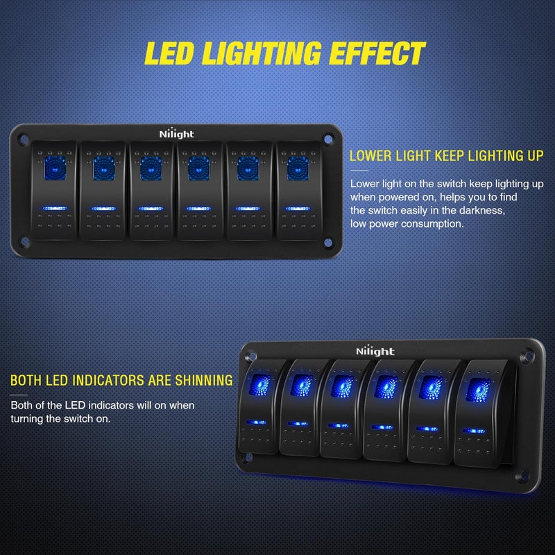 Nilight-90111F 6 Gang Aluminum Rocker Switch Panel Toggle Dash 5 Pin ON/Off Pre-Wired Rocker Switch Blue Backlit Switch for Automotive Car Marine Boat RV,2 Years Warranty - Image 5