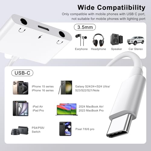 UWECAN محول صوت USB C إلى 3.5 مم من UWECAN، 3 في 1 موزع سماعات رأس USB C مزدوج 3.5 مم وشحن سريع PD 60W، متوافق مع iPhone 15 16، Galaxy S22 S21/Note 20، Pixel 4 3 XL، Huawei، إلخ - Image 2