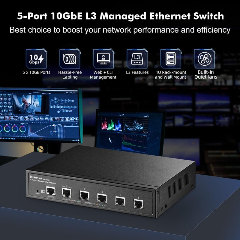 MokerLink محول 5 منافذ 10 جيجابت، تكيف ذاتي 10 جيجابت/5 جيجابت/2.5 جيجابت/1 جيجابت، إدارة ويب/واجهة سطر الأوامر من المستوى الثالث، محول إيثرنت مكتبي معدني مُدار | محول شبكة قابل للتركيب في الرف - Image 2