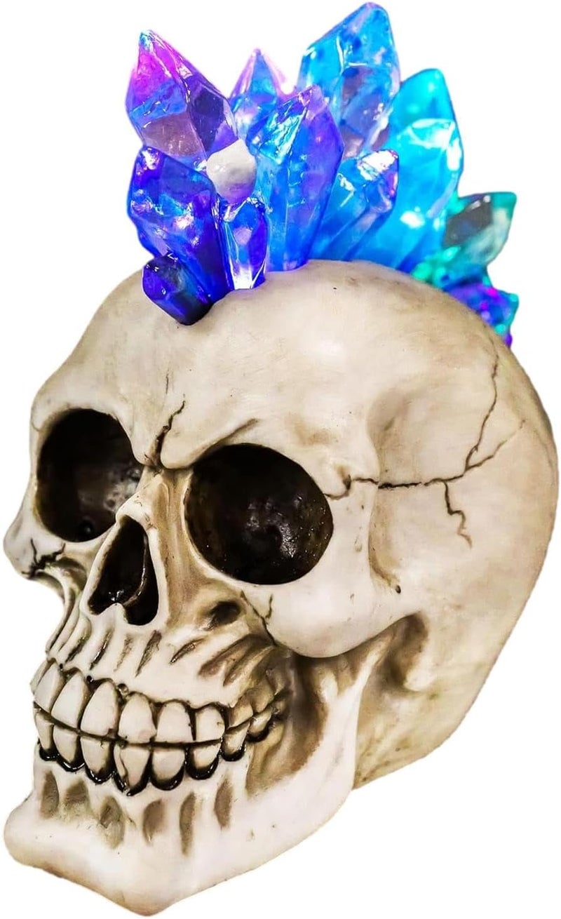 Ebros Gift Colorful LED Light Mohawk Crystal Hair Skull Figurine - Halloween Decor - Image 1