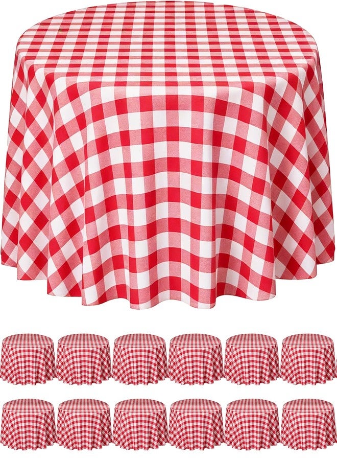 CLRBEATTY 12 Pack Red and White Plastic Checkered Tablecloth Round, Disposable Gingham Table Cover, Waterproof Table Cloth, Decorative Round Tablecloth for Party Picnic BBQ Events, 84 Inch - Image 1