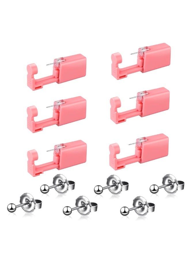 6 Pcs Disposable Self Ear Piercing Gun Kit for Men & Women, with 6 Pre-Installed Bead Style Stud Earrings, Portable Body Piercing Tool for Ears, Nose, Lip (Pink) - Image 1