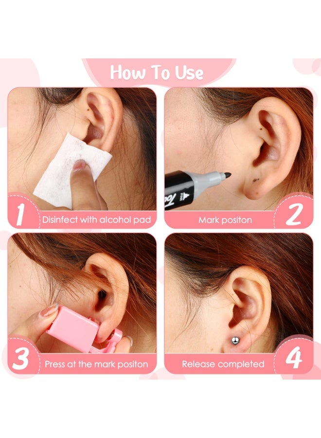 6 Pcs Disposable Self Ear Piercing Gun Kit for Men & Women, with 6 Pre-Installed Bead Style Stud Earrings, Portable Body Piercing Tool for Ears, Nose, Lip (Pink) - Image 2