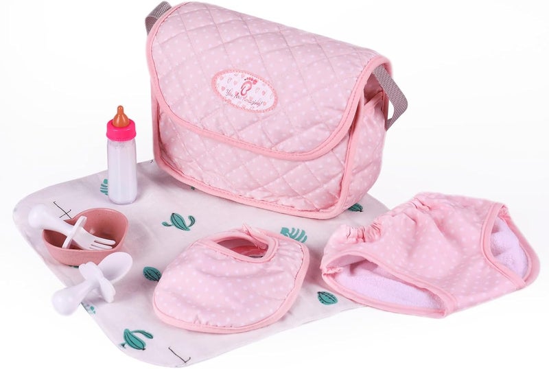 BABESIDE 8 Pcs Baby Doll Diaper Bag Set for Reborn Dolls, Baby Doll Feeding Accessories with Disappearing Milk Toy Baby Bottle and Spoon Fork Bowl for Pretend Play Toys, Pink - Image 1