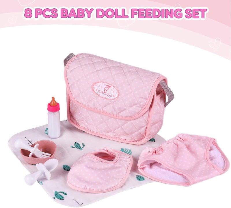 BABESIDE 8 Pcs Baby Doll Diaper Bag Set for Reborn Dolls, Baby Doll Feeding Accessories with Disappearing Milk Toy Baby Bottle and Spoon Fork Bowl for Pretend Play Toys, Pink - Image 3