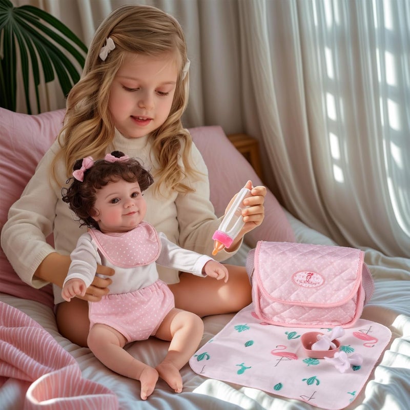 BABESIDE 8 Pcs Baby Doll Diaper Bag Set for Reborn Dolls, Baby Doll Feeding Accessories with Disappearing Milk Toy Baby Bottle and Spoon Fork Bowl for Pretend Play Toys, Pink - Image 5