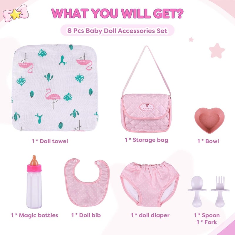 BABESIDE 8 Pcs Baby Doll Diaper Bag Set for Reborn Dolls, Baby Doll Feeding Accessories with Disappearing Milk Toy Baby Bottle and Spoon Fork Bowl for Pretend Play Toys, Pink - Image 4