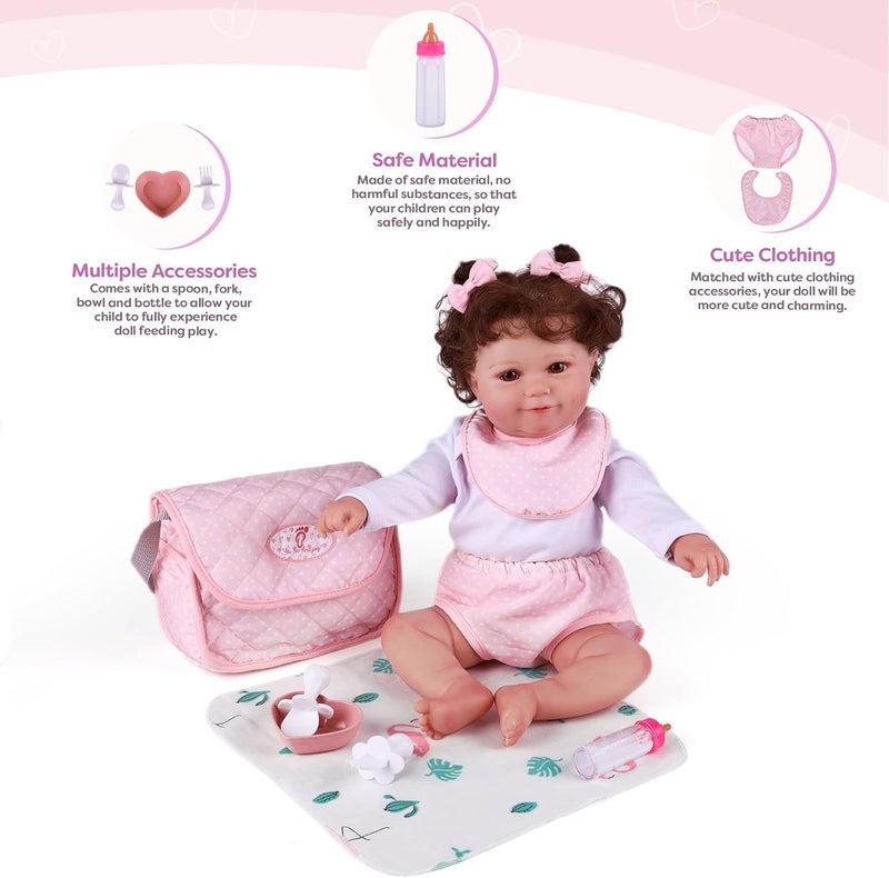 BABESIDE 8 Pcs Baby Doll Diaper Bag Set for Reborn Dolls, Baby Doll Feeding Accessories with Disappearing Milk Toy Baby Bottle and Spoon Fork Bowl for Pretend Play Toys, Pink - Image 2