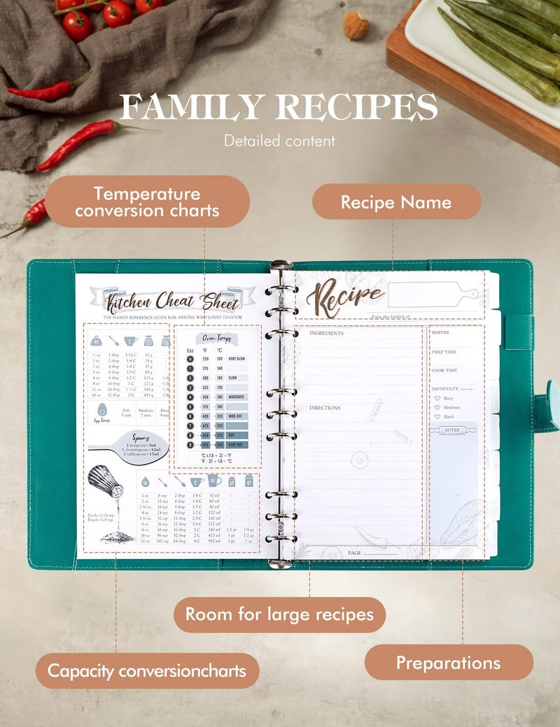 AISBUGUR Recipe Book, Blank Recipe Book to Write in Your Own Recipes,9 Ring DIY Recipe Notebook, Hardcover Recipe Binder, Personalized Recipe Organizer Binder with 160 Pages - Image 3