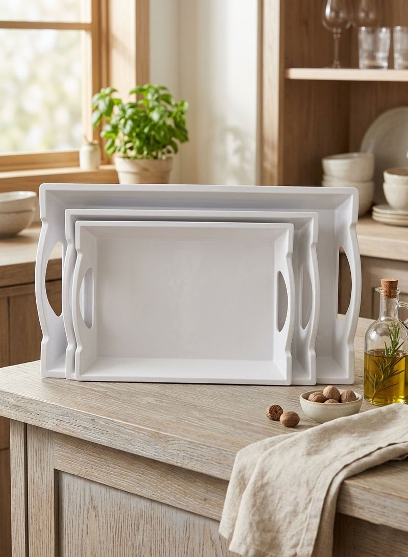 Trust 3-Piece Melamine Rectangular Serving Tray Set White, Small Size 45cm, Medium Size 50cm, Large Size 65cm - Image 1