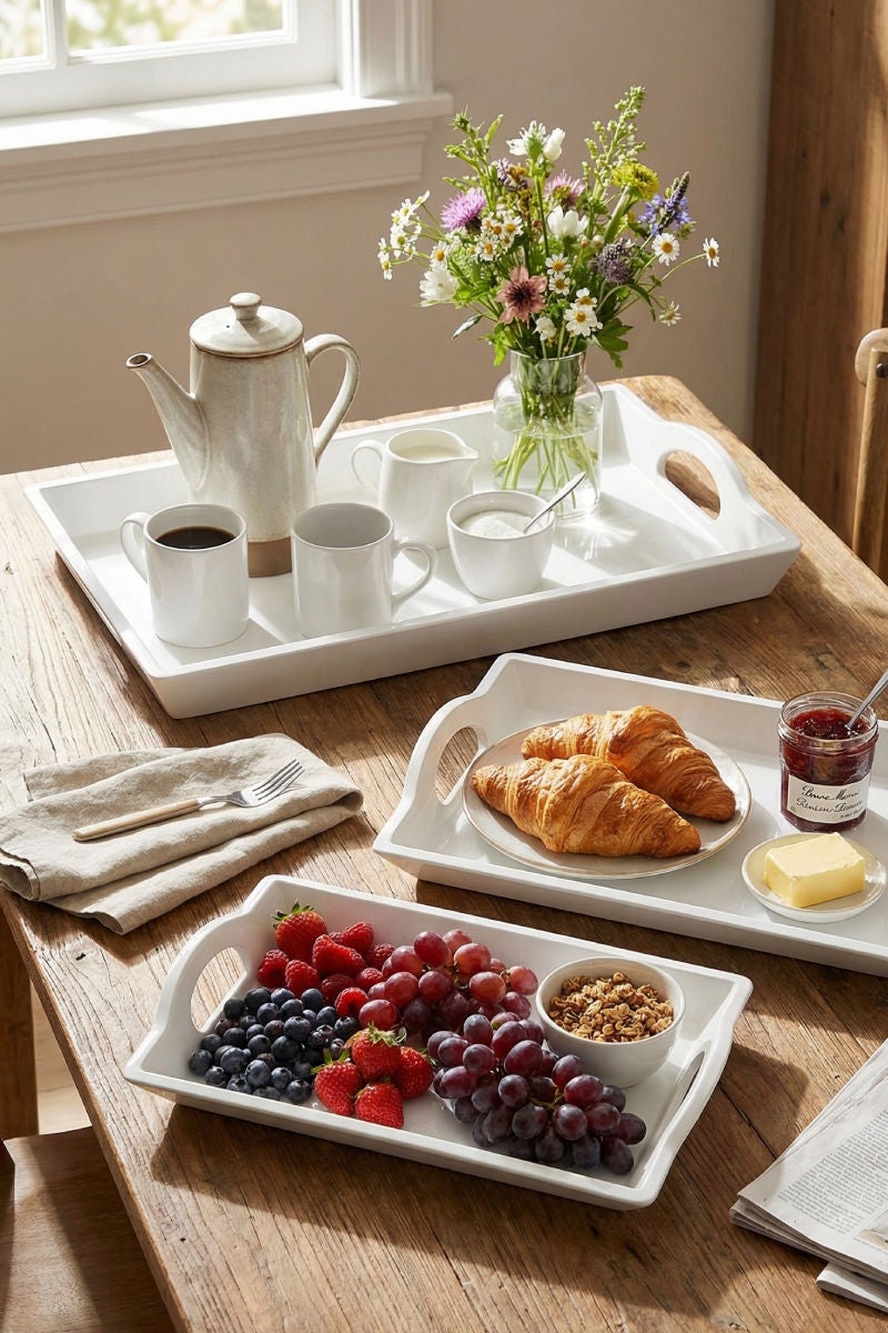 Trust 3-Piece Melamine Rectangular Serving Tray Set White, Small Size 45cm, Medium Size 50cm, Large Size 65cm - Image 2