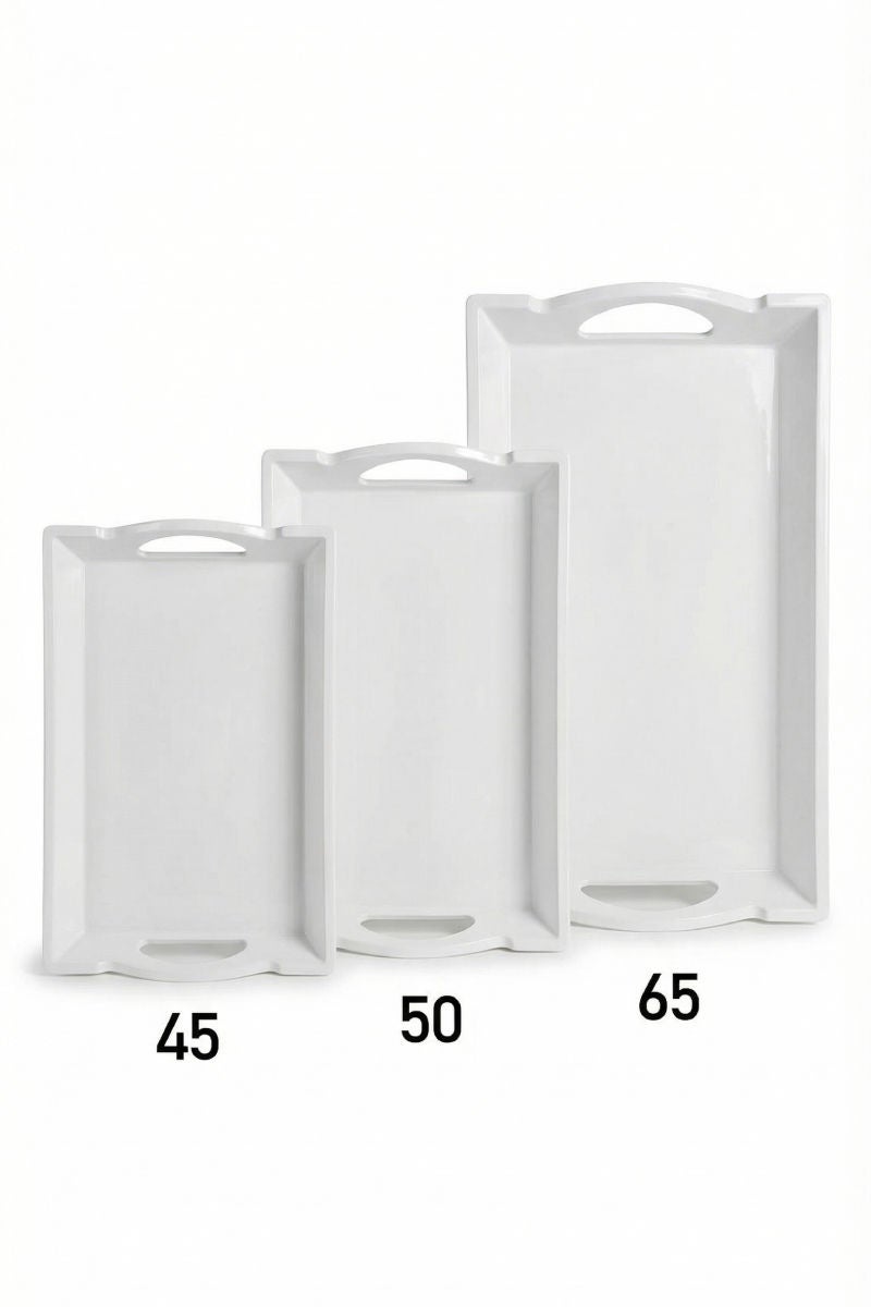 Trust 3-Piece Melamine Rectangular Serving Tray Set White, Small Size 45cm, Medium Size 50cm, Large Size 65cm - Image 3