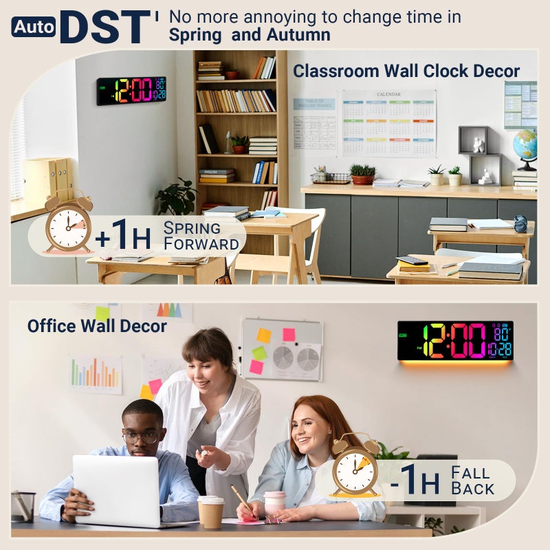 ANSOPER 16.5" Large Digital Wall Clock with Remote Control, Auto-Dimming LED Display with Date Temp, Big Number Wall Mount Decor Clock for Seniors, Classroom, Dorm, Home, Office, Gym Colorful - Image 5