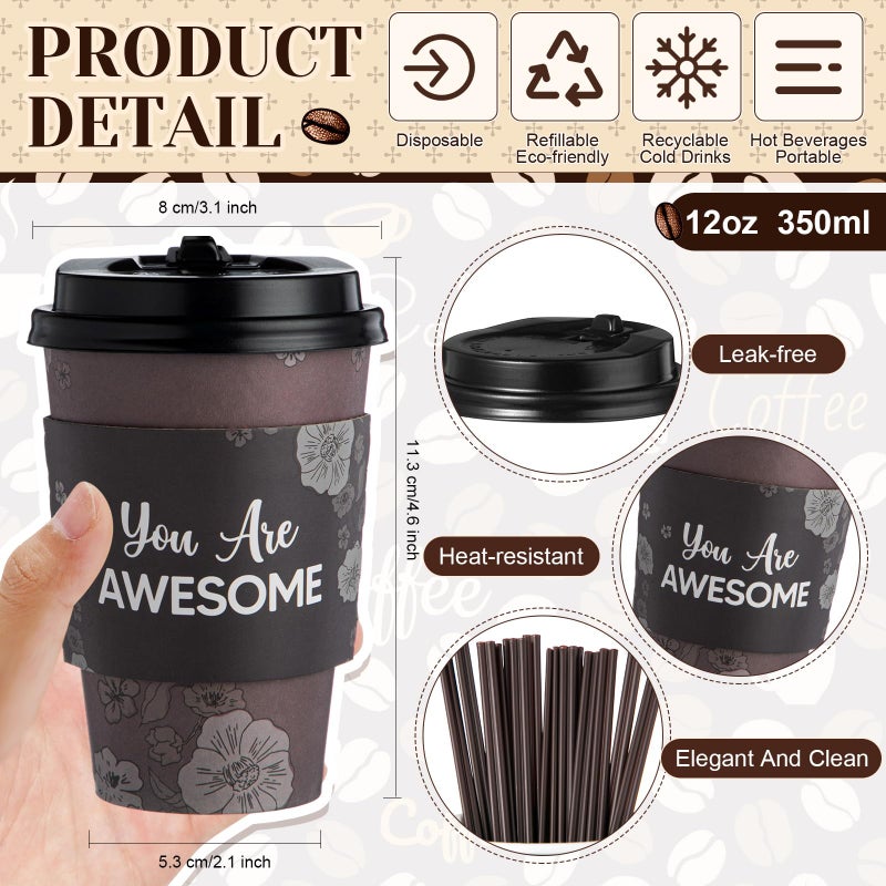 Ziliny 100 Sets 12 oz Disposable Coffee Cups with Lids, Sleeves, Straws, Motivational to Go Paper Cups for Hot & Cold Drinks Chocolate Cocoa Beverage Home Coffee Shop Office, 5 Styles - Image 3