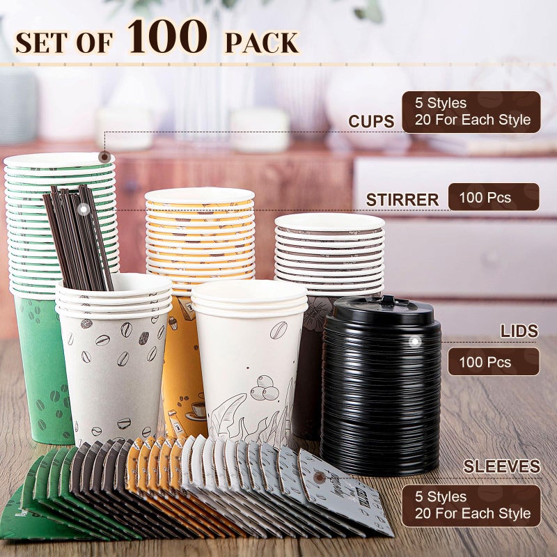 Ziliny 100 Sets 12 oz Disposable Coffee Cups with Lids, Sleeves, Straws, Motivational to Go Paper Cups for Hot & Cold Drinks Chocolate Cocoa Beverage Home Coffee Shop Office, 5 Styles - Image 2