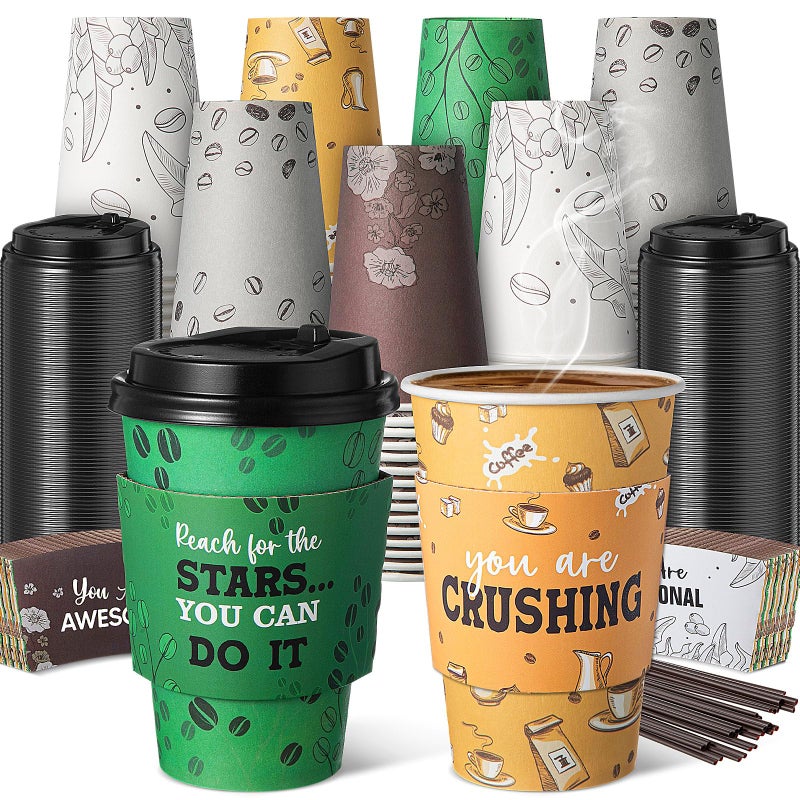 Ziliny 100 Sets 12 oz Disposable Coffee Cups with Lids, Sleeves, Straws, Motivational to Go Paper Cups for Hot & Cold Drinks Chocolate Cocoa Beverage Home Coffee Shop Office, 5 Styles - Image 1