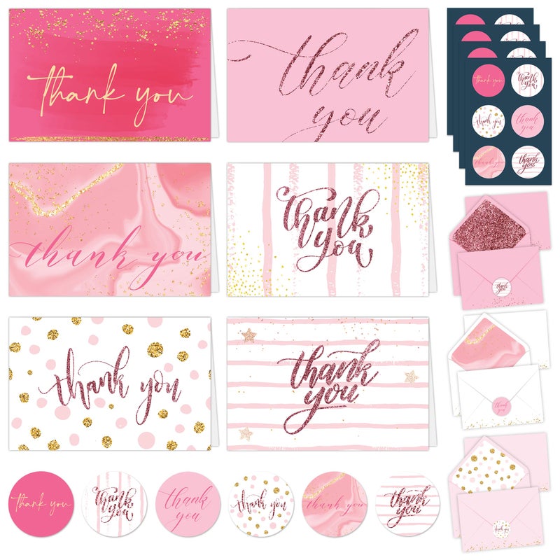 Decorably 24 Pack Glittery 6X4In Pink Thank You Cards With Envelopes And Stickers  6 Elegant Designs Pink Thank You Notes  Blank Inside - Wedding  Baby Shower  Birthday - Image 1
