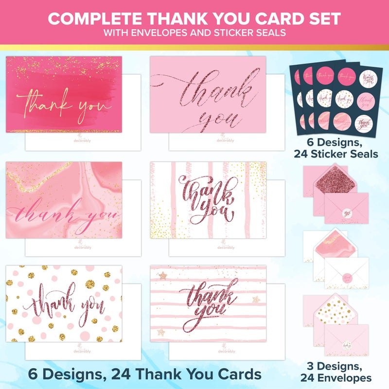 Decorably 24 Pack Glittery 6X4In Pink Thank You Cards With Envelopes And Stickers  6 Elegant Designs Pink Thank You Notes  Blank Inside - Wedding  Baby Shower  Birthday - Image 2