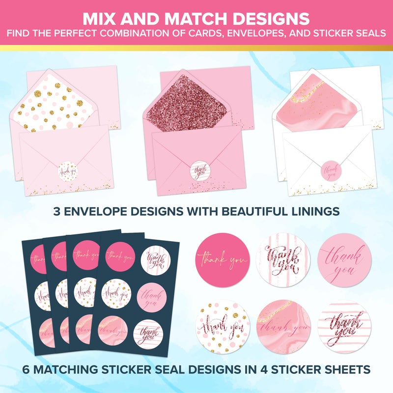 Decorably 24 Pack Glittery 6X4In Pink Thank You Cards With Envelopes And Stickers  6 Elegant Designs Pink Thank You Notes  Blank Inside - Wedding  Baby Shower  Birthday - Image 5